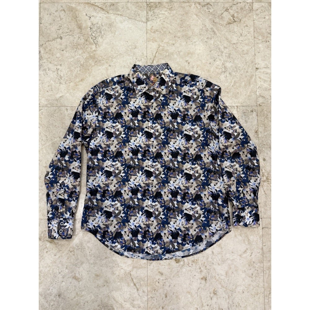 Robert Graham Shirt Medium Blue Floral Flip Cuff Classic Fit Long Sleeve